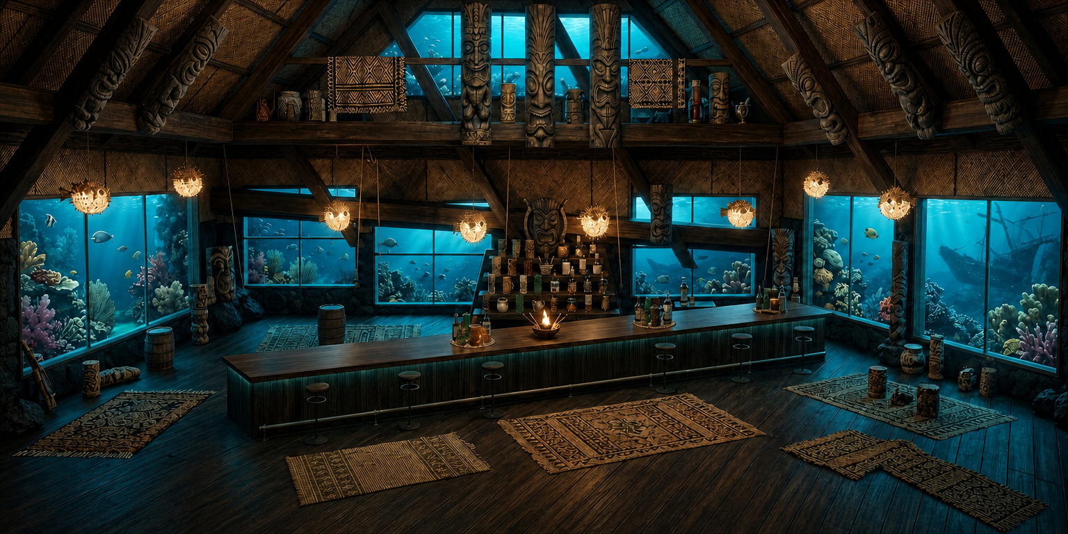 A photoreal 3D view of The Molokai Bar at The Mai-Kai — underwater reef windows, blowfish lamps, tiki mug shelves, rum bottles, and carved tikis