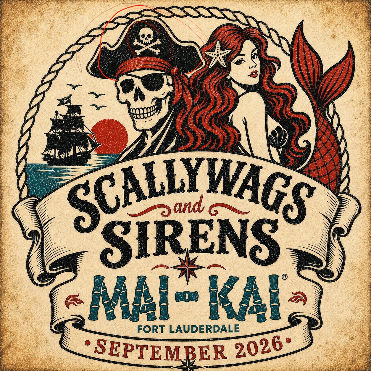 Scallywags and Sirens — Mai-Kai September 2026 poster: a pirate skeleton and a red-haired siren over a vintage rope border